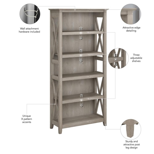 Bush Furniture Key West 5 Shelf Bookcase in Washed Gray