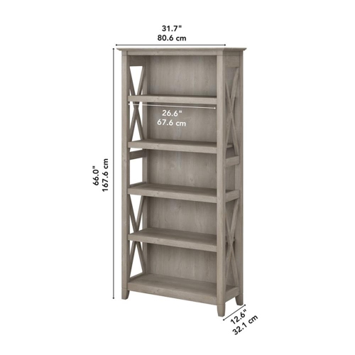 Bush Furniture Key West 5 Shelf Bookcase in Washed Gray