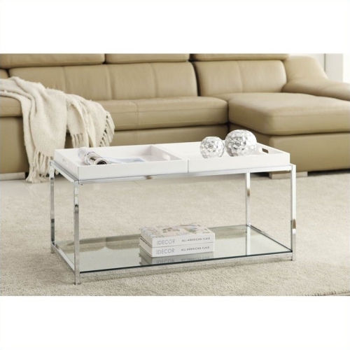 Convenience Concepts Palm Beach Clear Glass Coffee Table With White Trays