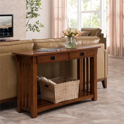 Leick Furniture Wood Mission Console Table with Drawers and Shelf in Oak