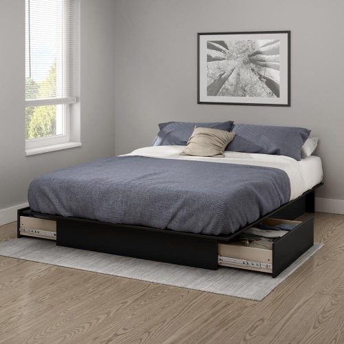 South Shore Gramercy Full Queen Platform Bed with Drawer in Pure Black