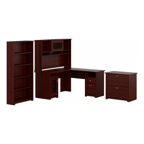 Bush Furniture Cabot L Shaped Desk 4 Piece Office Suite in Harvest Cherry