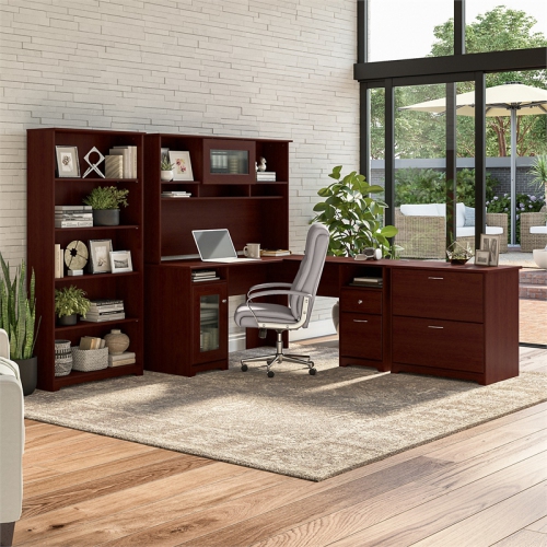 Bush Furniture Cabot L Shaped Desk 4 Piece Office Suite in Harvest Cherry