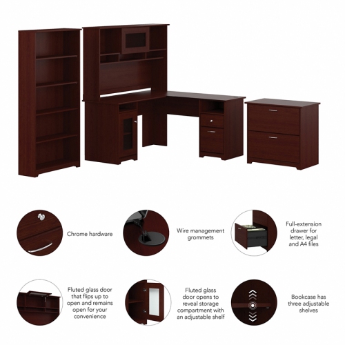 Bush Furniture Cabot L Shaped Desk 4 Piece Office Suite in Harvest Cherry