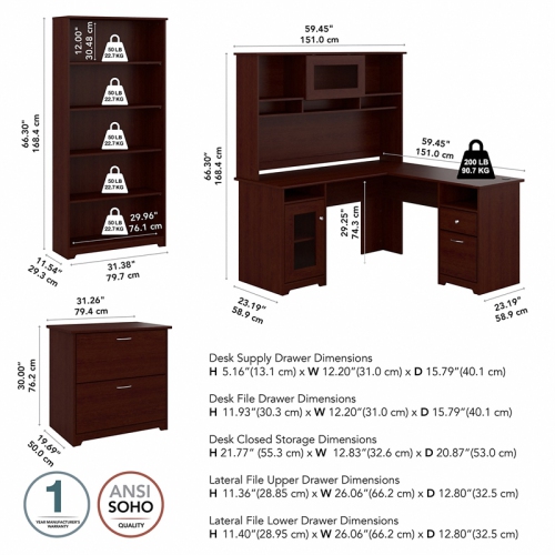 Bush Furniture Cabot L Shaped Desk 4 Piece Office Suite in Harvest Cherry
