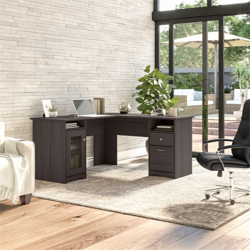 Cabot L Desk with storage in Heather Gray - Engineered Wood