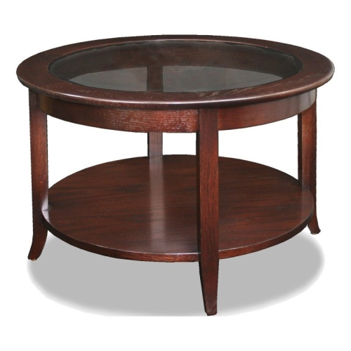 Leick Furniture Solid Wood Round Glass Top Coffee Table in Oak