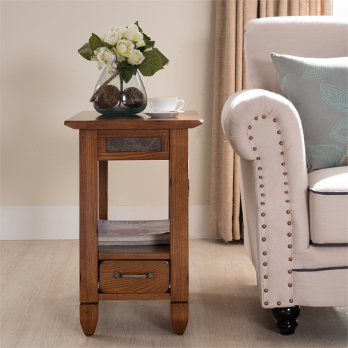 Leick Furniture Slatestone Chairside Wood End Table in a Rustic Oak Finish