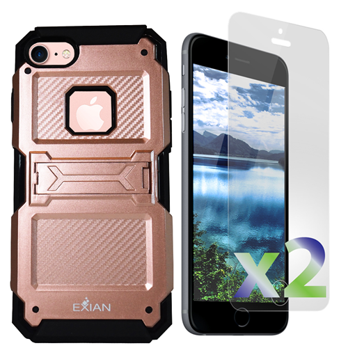 EXIAN  Iphone 8 / 7 Screen Protectors X 2 And Armored Case With Stand Rose In Pink