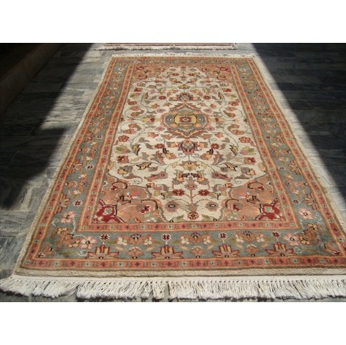 Ahmedani Classic Medallion Floral Hand Knotted Wool Silk Carpet 2.11' x 5.2' Area Rug - Ivory