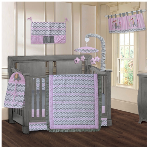 Purple and grey hot sale elephant crib bedding