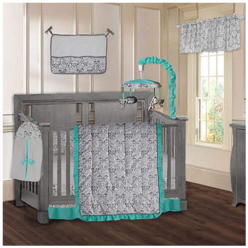 BabyFad Turquoise Damask 9 Piece Baby Crib Bedding