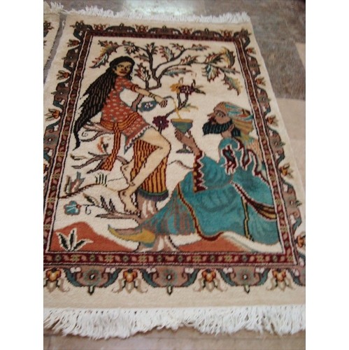 Ahmedani Awesome Umre Khayam Love Hand Knotted Rug Wool Silk Carpet Pair 3.1' x 2.0', 3.1' x 2.1' Area Rug - Multi-Colour