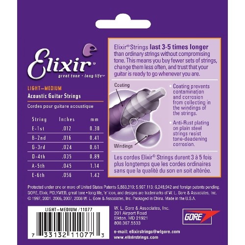 Cordes de guitare acoustique Elixir, 6 cordes, revêtement NANOWEB pâle-moyen