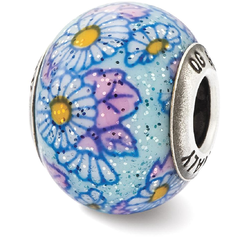 IceCarats 925 Sterling Silver Charm For Bracelet Italian Blue Floral Overlay Glass Bead Designed Glas