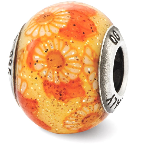 IceCarats 925 Sterling Silver Charm For Bracelet Italian Orange Floral Overlay Glass Bead Designed Glas