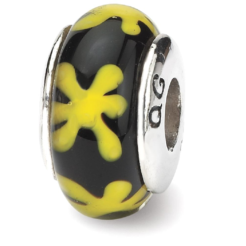 IceCarats 925 Sterling Silver Charm For Bracelet Yelloblack Hand Blown Glass Bead Glas H