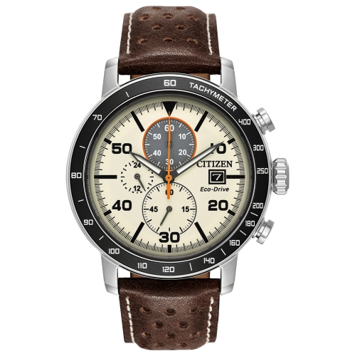Citizen Mens Brycen Eco-Drive Watch 44mm Two-Tone Stainless Steel Case Brown Leather Strap with Ivory Dial