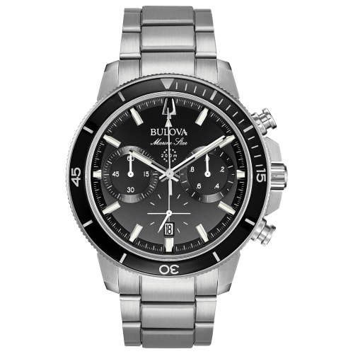 Bulova Mens Marine Star Quartz Watch 45mm Silver-Tone Stainless Steel Case and Bracelet with Black Dial