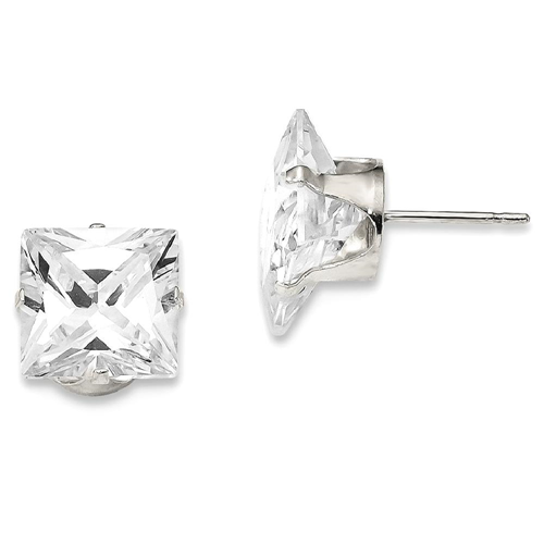 Solid 925 Sterling Silver 10mm Square CZ Cubic Zirconia 4 Prong Stud Earrings 