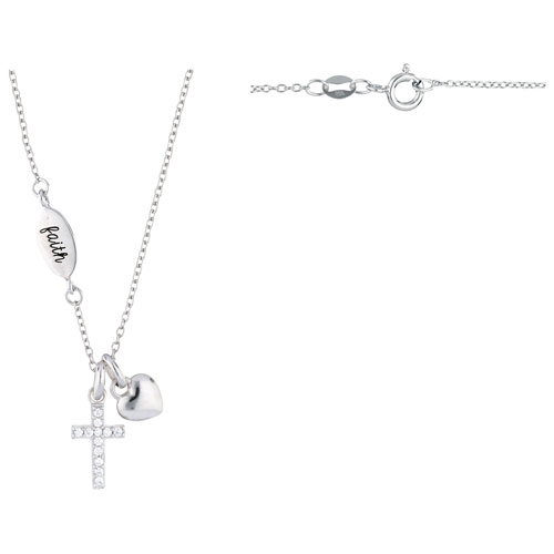 Inspirational Modern Cross Heart Charm & Faith Station Pendant in Sterling Silver on an 18" Chain