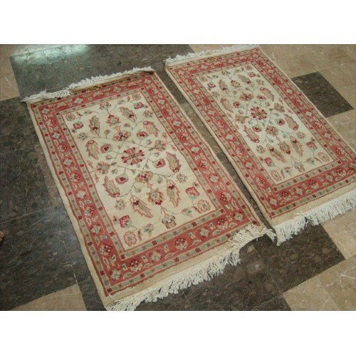 Ahmedani Excellent Flowers Medallion Hand Knotted Rug Wool Silk Carpet Pair 2.0' x 3.3', 2.1' x 3.2' Area Rug - Ivory