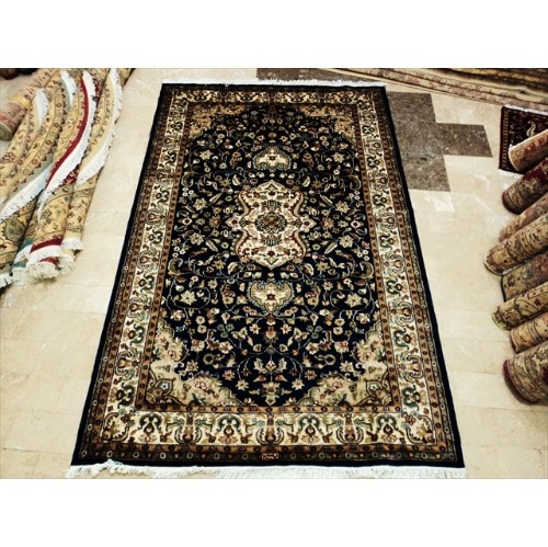 Ahmedani Ivory Exclusive Hand Knotted Oriental Rug Wool Silk Carpet 5.1' x 8.1' Area Rug - Mid Night Blue