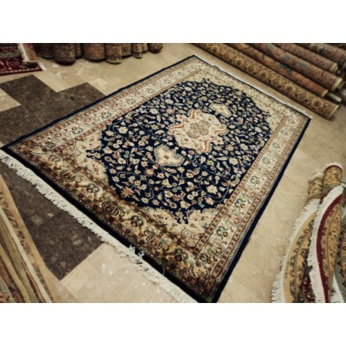 Ahmedani Ivory Exclusive Hand Knotted Oriental Rug Wool Silk Carpet 5.1' x 8.1' Area Rug - Mid Night Blue