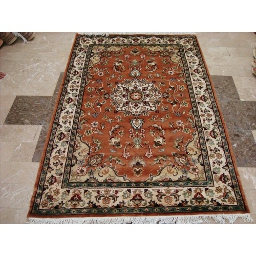 Ahmedani Rustic Floral Medallion Hand Knotted Oriental Wool Silk Carpet 6.2' x 4.2' Area Rug - Multi-Colour