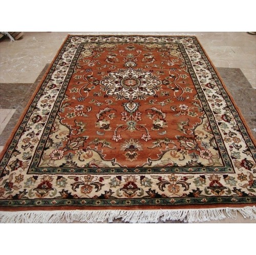 Ahmedani Rustic Floral Medallion Hand Knotted Oriental Wool Silk Carpet 6.2' x 4.2' Area Rug - Multi-Colour