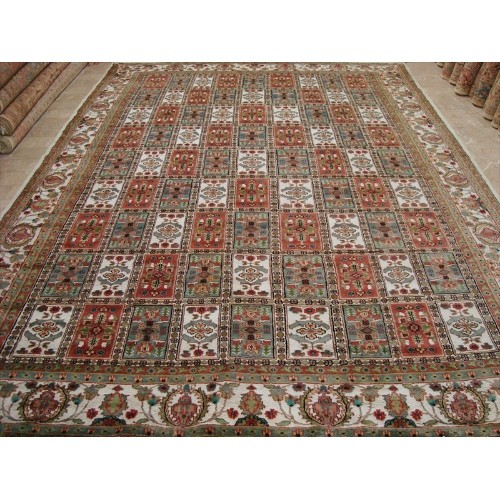 Ahmedani Bakhtiari Floral Blocks Hand Knotted Wool Silk Carpet 12.5' x 9.1' Area Rug - Multi-Colour