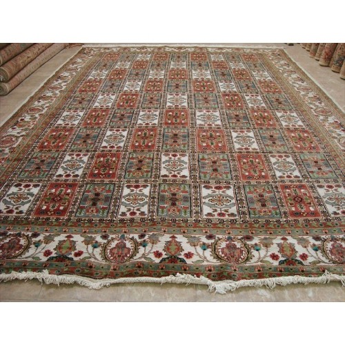 Ahmedani Bakhtiari Floral Blocks Hand Knotted Wool Silk Carpet 12.5' x 9.1' Area Rug - Multi-Colour