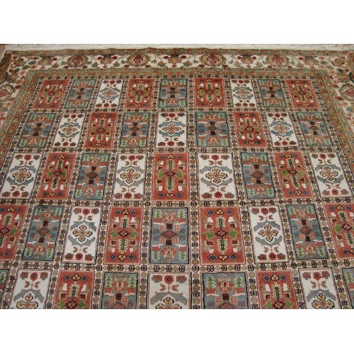 Ahmedani Bakhtiari Floral Blocks Hand Knotted Wool Silk Carpet 12.5' x 9.1' Area Rug - Multi-Colour