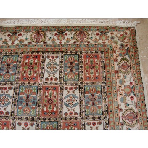 Ahmedani Bakhtiari Floral Blocks Hand Knotted Wool Silk Carpet 12.5' x 9.1' Area Rug - Multi-Colour