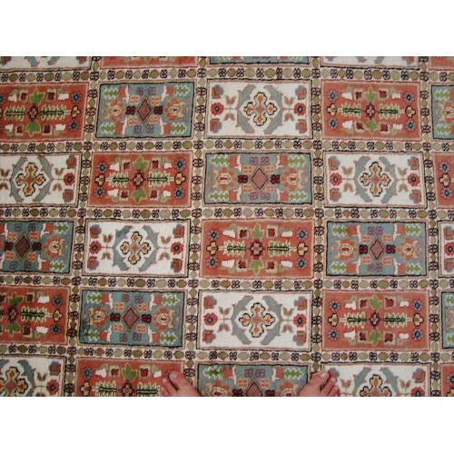 Ahmedani Bakhtiari Floral Blocks Hand Knotted Wool Silk Carpet 12.5' x 9.1' Area Rug - Multi-Colour