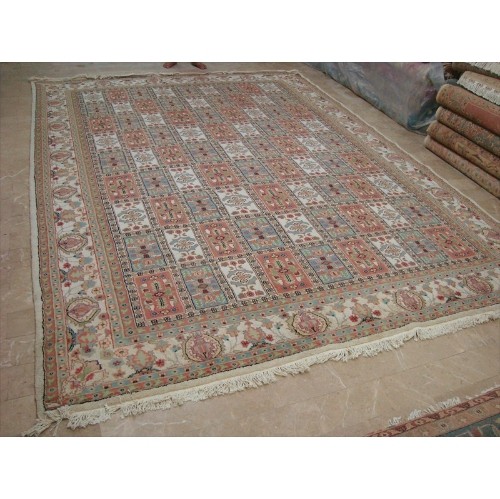 Ahmedani Bakhtiari Floral Blocks Hand Knotted Wool Silk Carpet 12.5' x 9.1' Area Rug - Multi-Colour