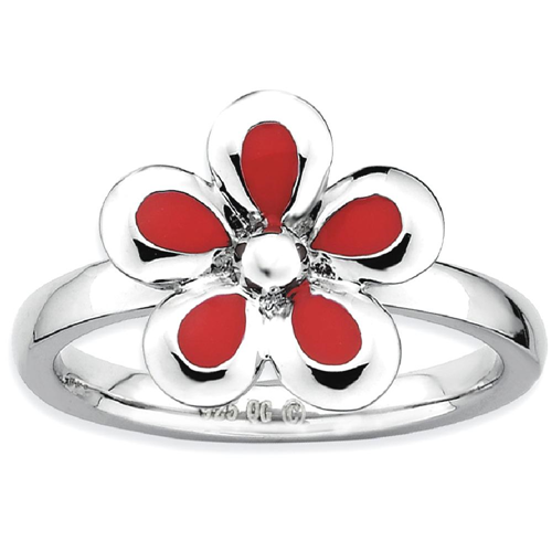 IceCarats 925 Sterling Silver Red Enameled Flower Band Ring Size 10.00 Stackable