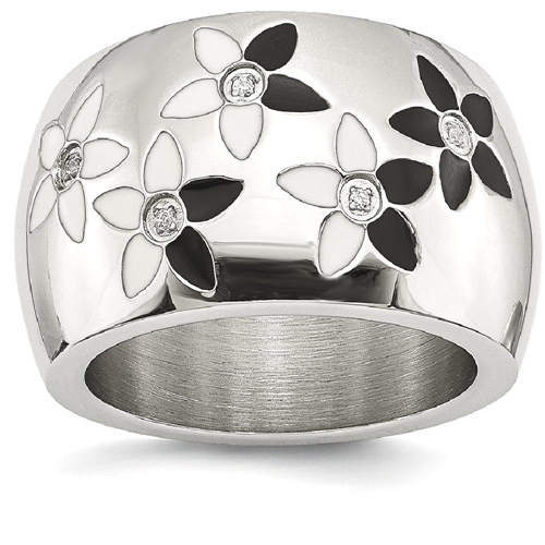 IceCarats Stainless Steel Black White Enamel Flowers Cubic Zirconia Cz Band Ring Size 6.00 Flower Leaf
