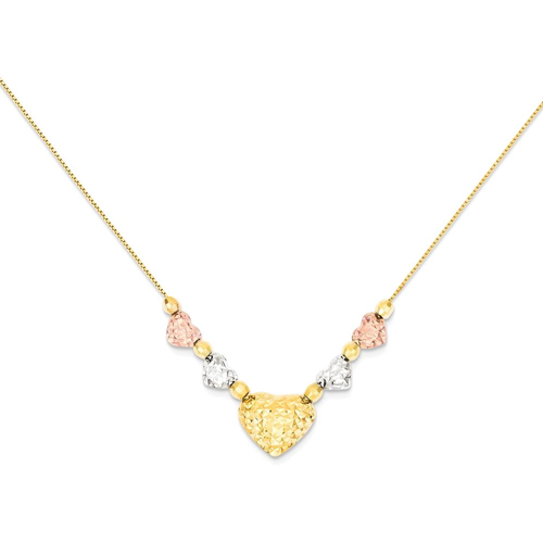 IceCarats 14k Tri Color Yellow White Gold Puff Flat Hearts Chain Necklace Love
