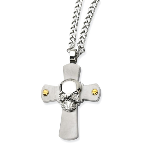 IceCarats Stainless Steel Yellow Plated Skull On Cross Religious 24 Inch Chain Necklace Gothic