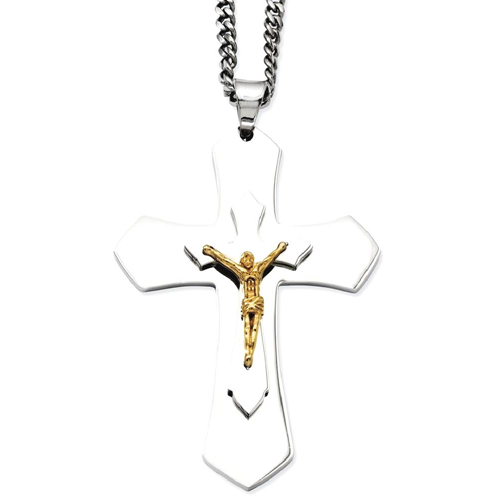 IceCarats Stainless Steel Yellow Plated Crucifix Cross Religious Chain Necklace
