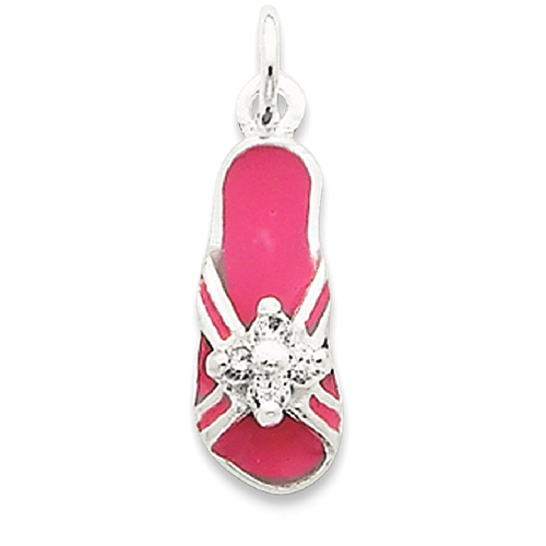 925 Sterling Silver Cubic Zirconia and Pink Enameled Flip Flop Charm and Pendant