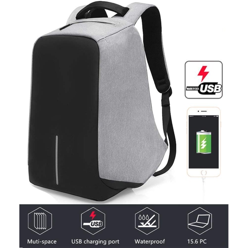 Waterproof Laptop Backpack with USB Charging Port - Grey