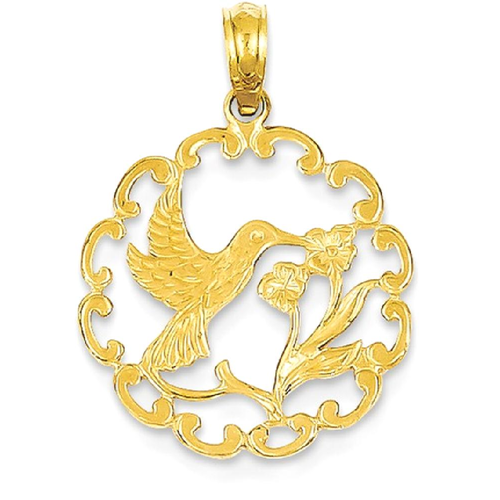 14k Yellow Gold Hummingbird And Flowers In Open Round Frame Charm Pendant 