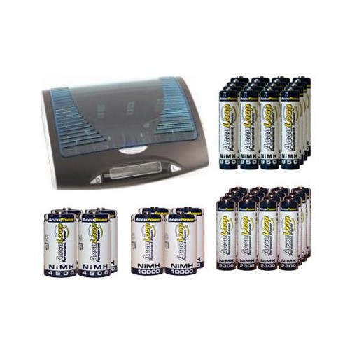 Super Universal LCD Battery Charger + 16 AA + 16 AAA (1100 mAh) + 4 C (4500 mAh) + 4 D (10000 mAh) NiMH Batteries