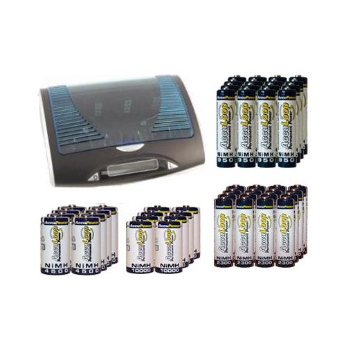 Super Universal LCD Battery Charger + 16 AA + 16 AAA (1100 mAh) + 8 C (4500 mAh) + 8 D (10000 mAh) NiMH Batteries