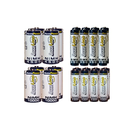 8 AA + 8 AAA (1100 mAh) + 4 C (4500 mAh) + 4 D (10000 mAh) NiMH AccuLoop Batteries