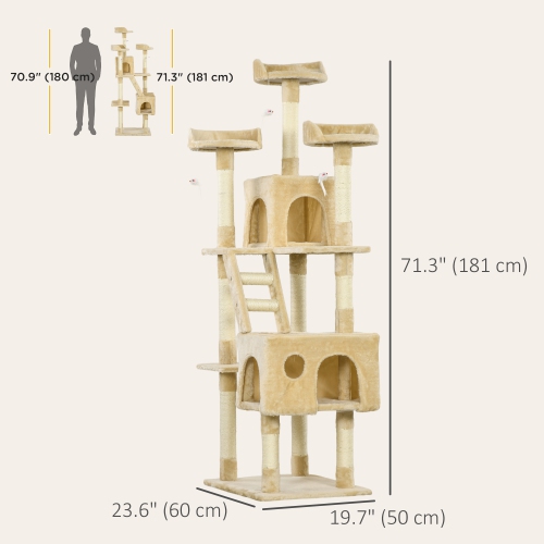 PawHut 71Inch Cat Tree, Cat Tower with Scratching Post, Cat Houses, Toys, Beige
