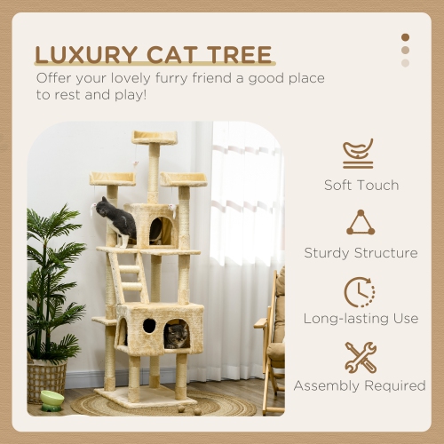PawHut 71Inch Cat Tree, Cat Tower with Scratching Post, Cat Houses, Toys, Beige