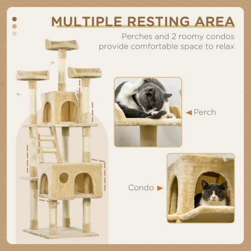 PawHut 71Inch Cat Tree, Cat Tower with Scratching Post, Cat Houses, Toys, Beige
